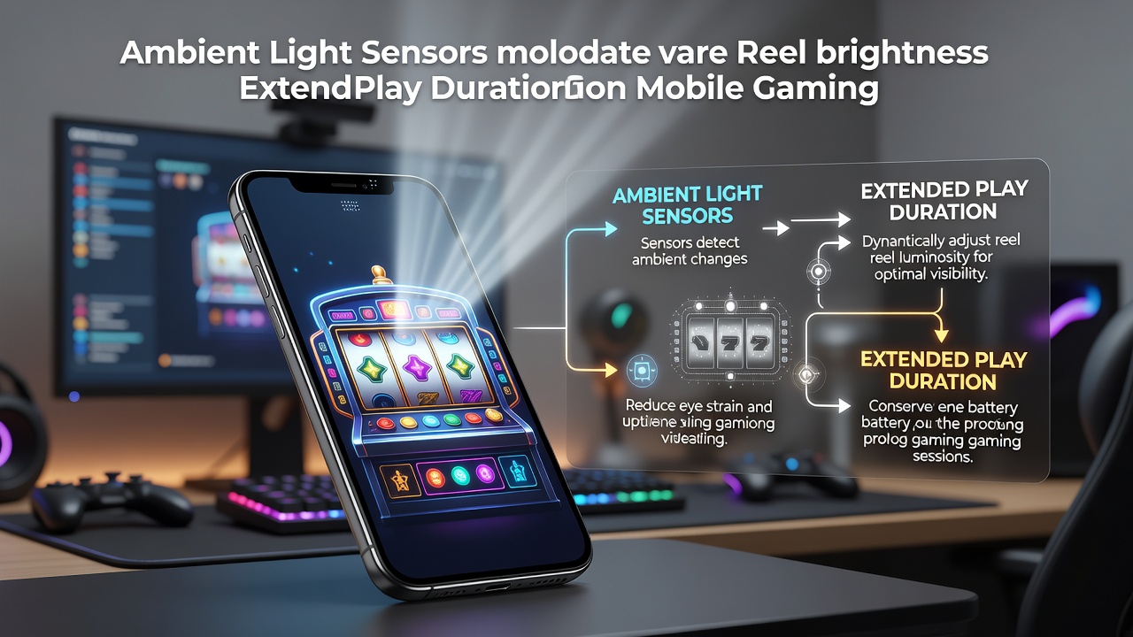 Mobile device screen showing slot reels with ambient light sensor adjusting brightness levels in a gaming app interface