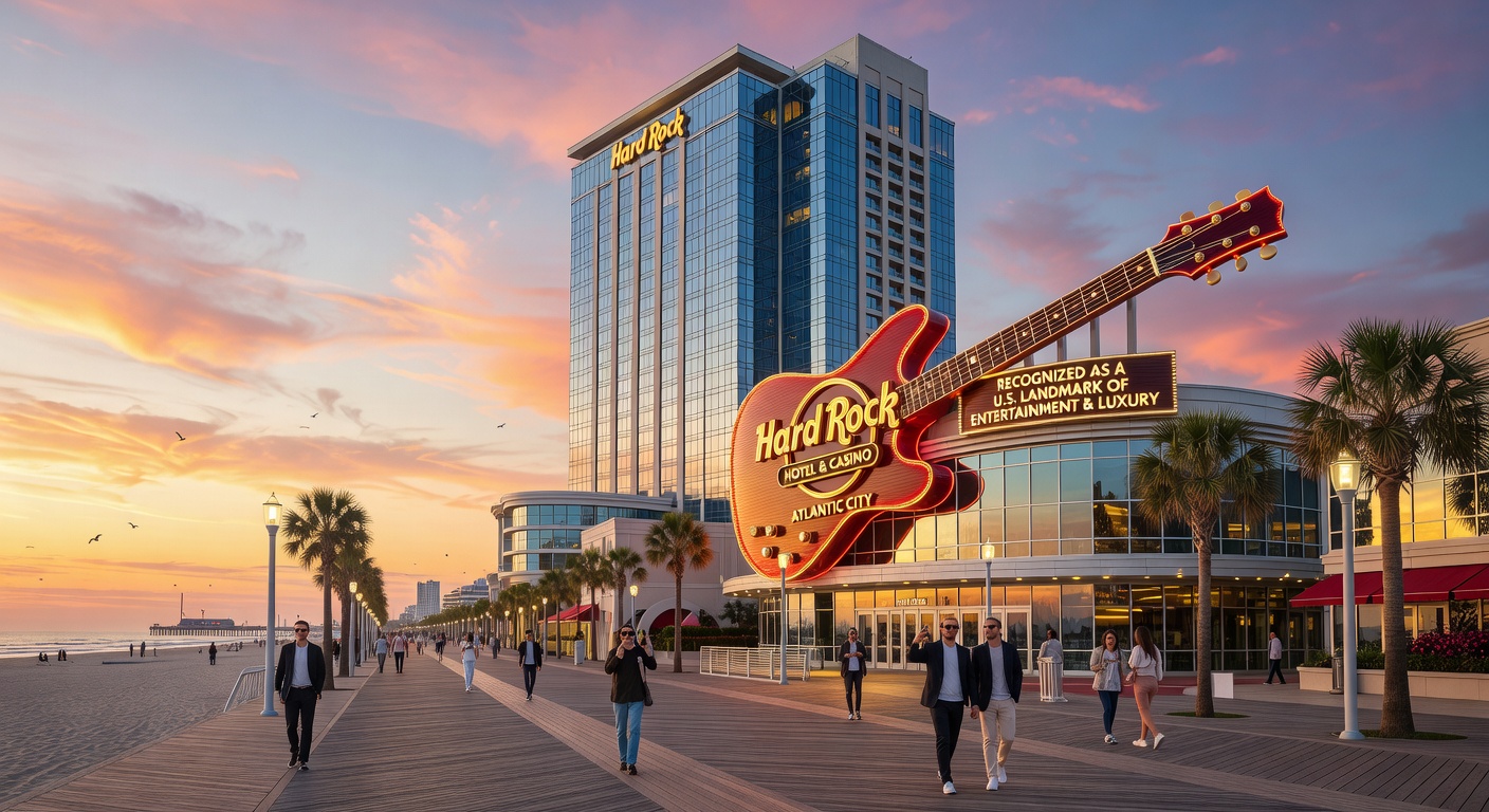 Interior view of Hard Rock Hotel & Casino Atlantic City, featuring lively gaming floors, modern slot machines, and enthusiastic staff interacting with guests