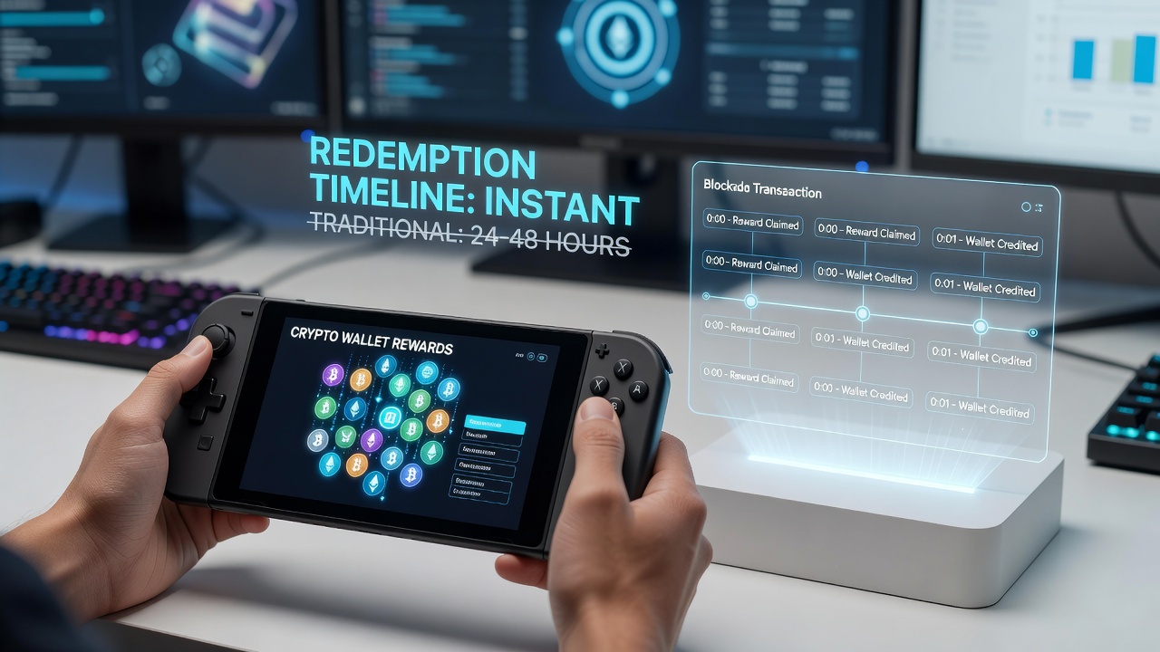 Close-up view of a mobile gaming app showing cryptocurrency wallet balance and redemption history after a successful handheld session