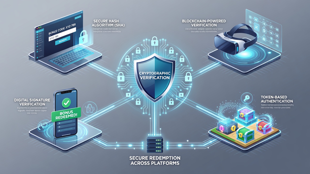 Diagram showing secure key exchange and hash verification flows for bonus code processing
