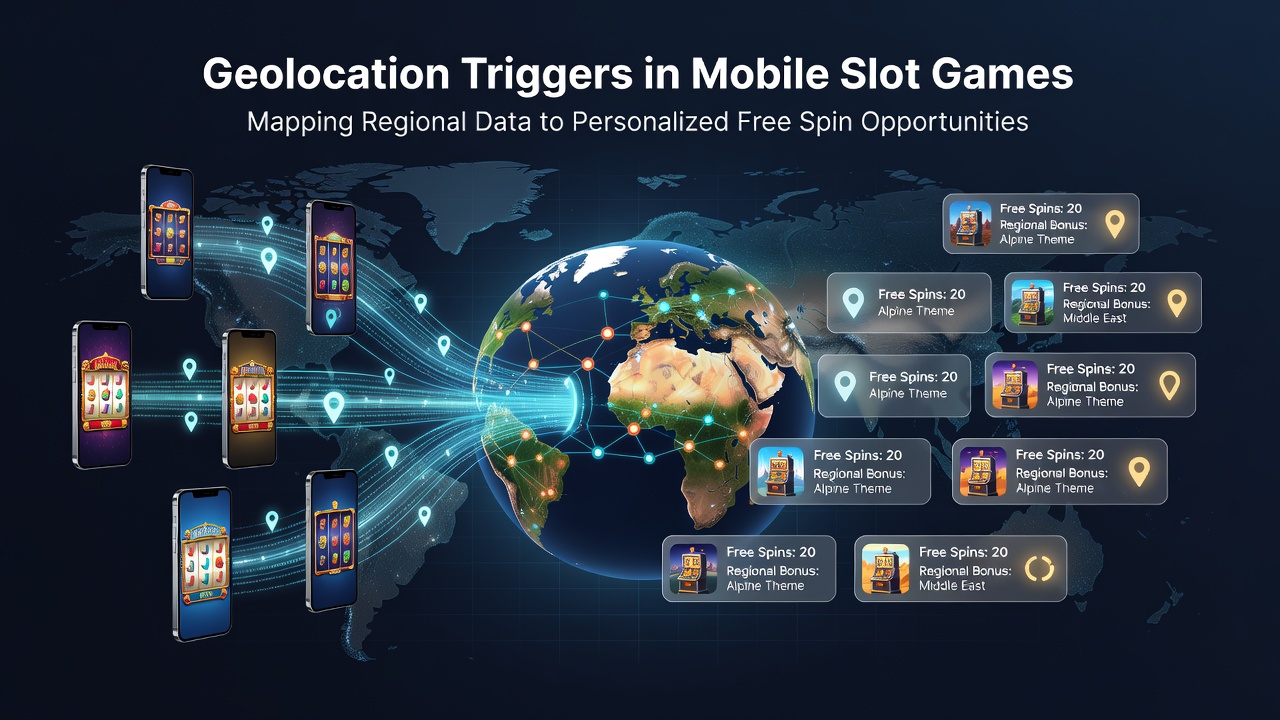 Map overlay on mobile screen showing regional zones and corresponding free spin offers in a slot game app