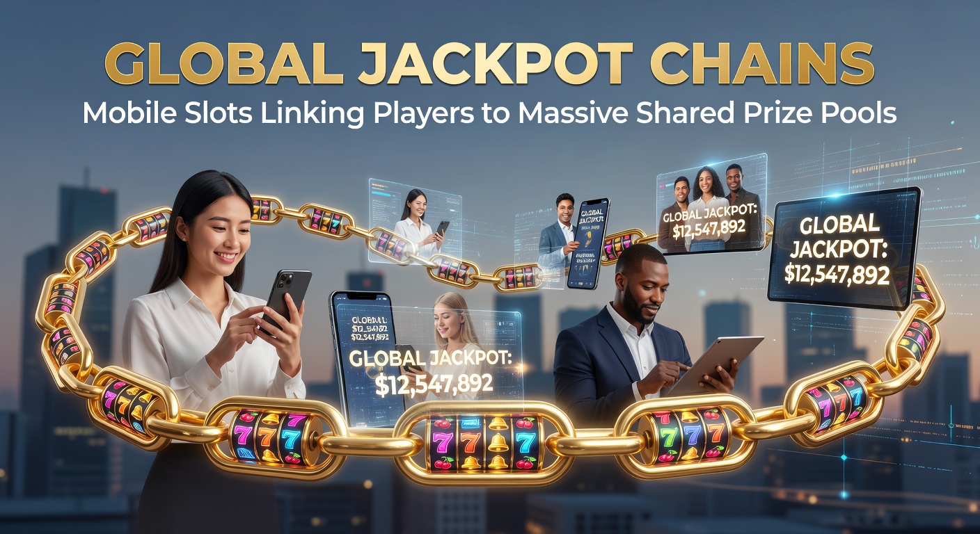 Vibrant mobile slot screen displaying a global jackpot chain interface with interconnected prize pools and player contributions from around the world