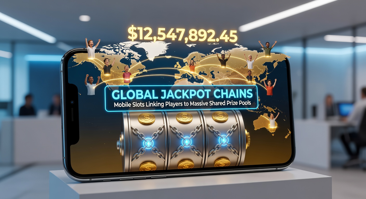 Animated graphic of a world map highlighting connected mobile slots with jackpot chains linking players across continents and growing prize pools