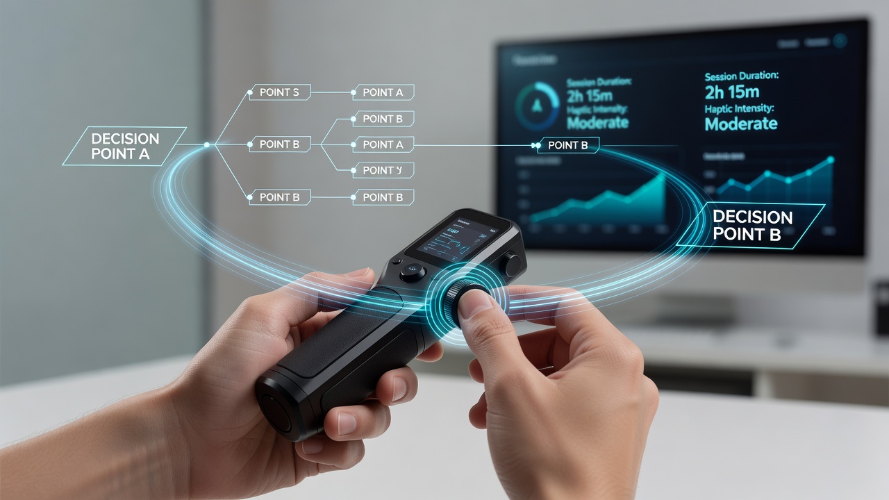 Hand holding a mobile device during an extended reel gaming session with haptic response visualization