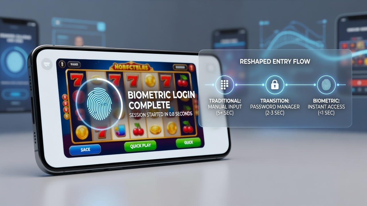 Close-up of facial recognition scan activating a mobile slot game