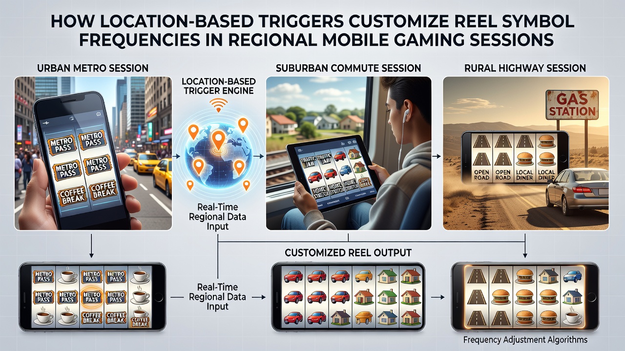 Map overlay showing regional gaming zones and corresponding reel frequency changes in a mobile app