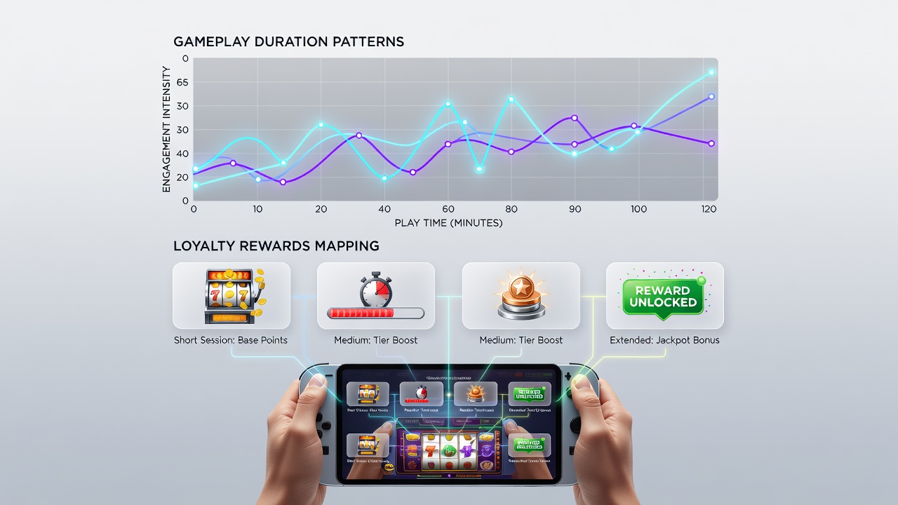 Handheld slot interface displaying loyalty reward progress and session duration metrics