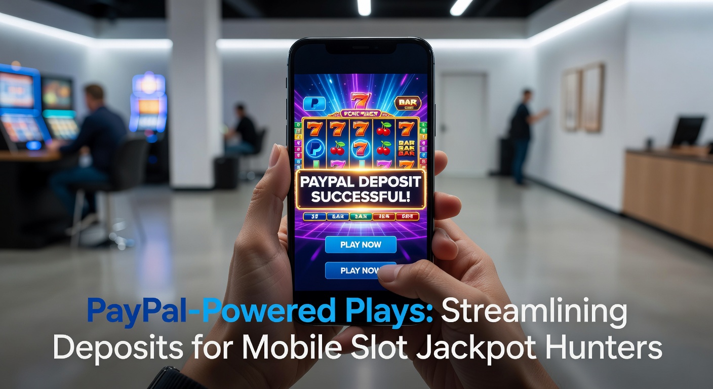 Close-up of PayPal app on mobile device integrated with slot machine interface, highlighting secure deposit and jackpot payout icons