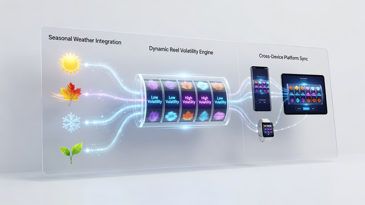 Cross-device casino platform interface displaying synchronized weather data overlays on dynamic slot reels