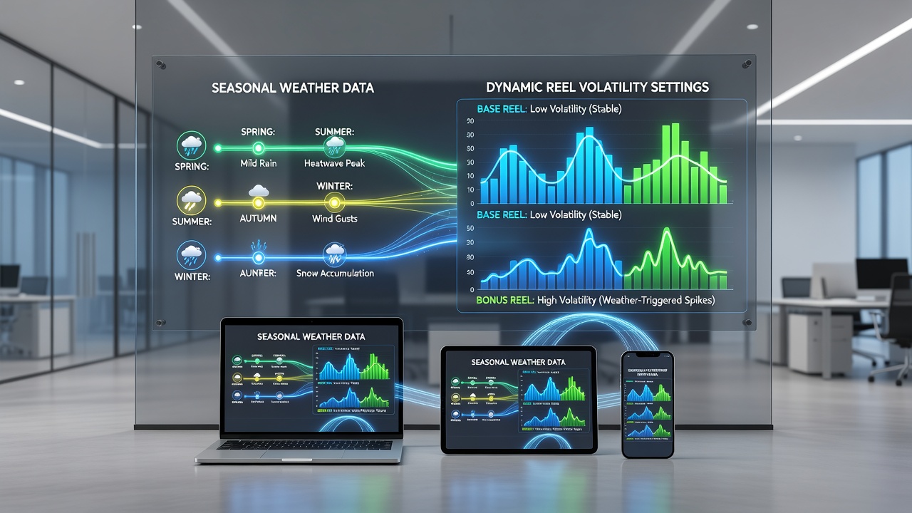 Mobile and desktop screens showing real-time weather-synced reel volatility adjustments in a casino application